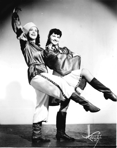 Hannah Kroner and Marion Leiser aka "The Corley Sisters" posing in one of their costumes, 1940/1941