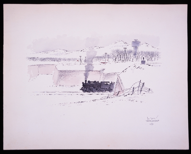 Joseph Spier, Colored illustration of a deportation train leaving ghetto, 1944. LBI, 84.499-1