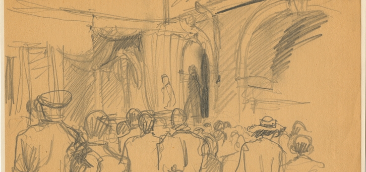 Norbert Troller, Jedermann - Theater Performance at the Magdeburg Barracks, Theresienstadt, 1942.