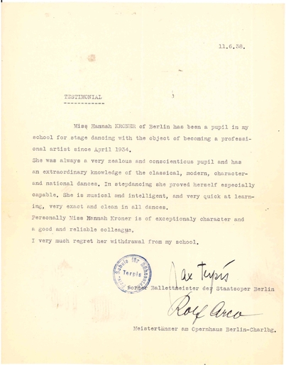 A letter of recommendation from Hannah's dance teachers Max Terpis and Rolf Arco, 1938